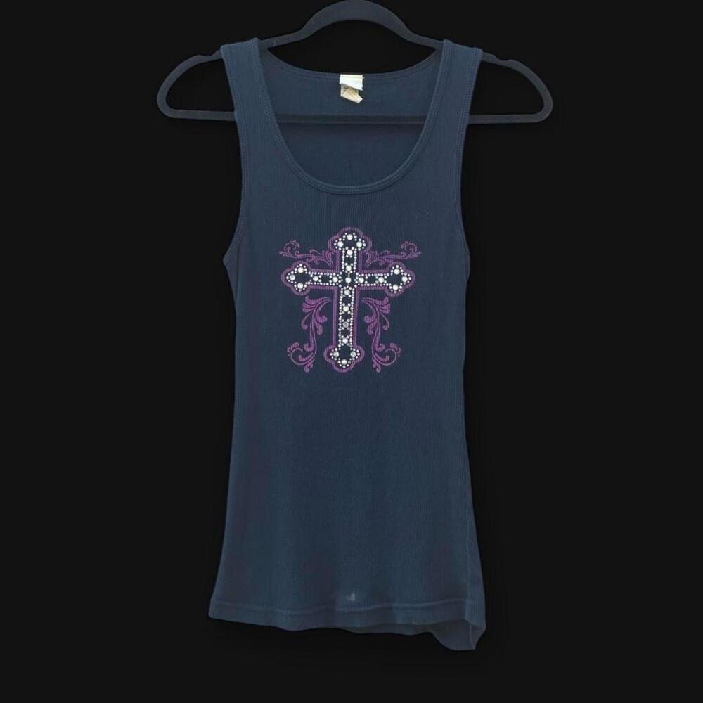 2000s rhinestone cross ribbed tank top